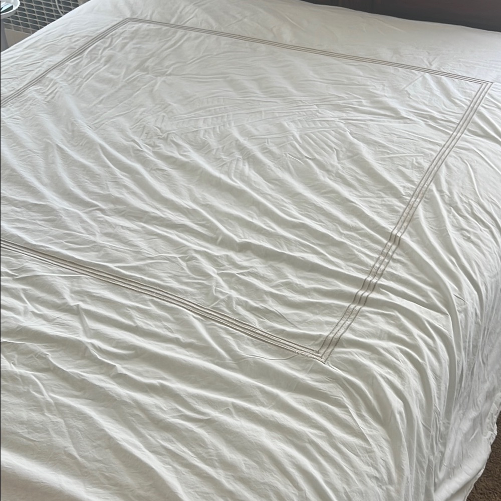 Organic Cotton Pottery Barn White Duvet & Cover with Taupe Stitching
